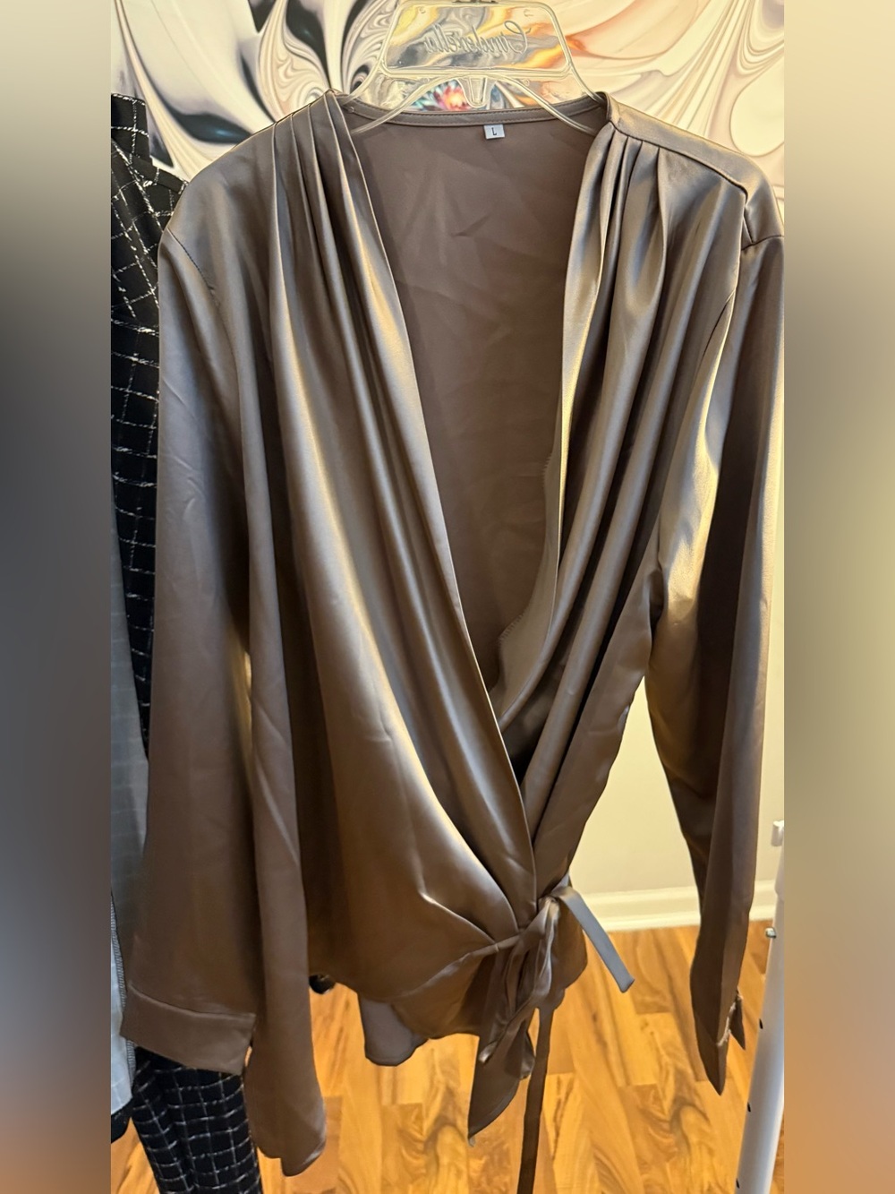Satin Wrap Blouse Shirt - Light Brown (Tannish Color)